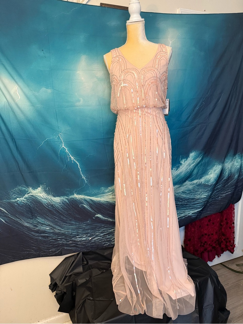 Adrianna Papell Blush Pink Sequin Maxi Dress